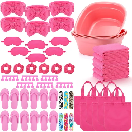 Miniatura 8 de Thiccywoov 54 piezas de suministros de fiesta de spa para niñas, regalos de fiesta de spa, 6 lavabos, 6 bolsas de mano, 6 toallas de mano, 6