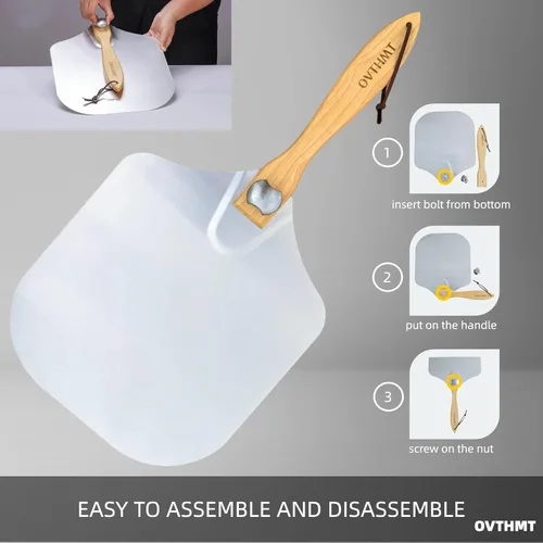 Miniatura 8 de Accesorios para Horno de Pizza 4 PCS, Kit de Pizza, Pala de Pizza de Aluminio con Mango de Madera Plegable, Cortador de Pizza, Cuchilla Balancín