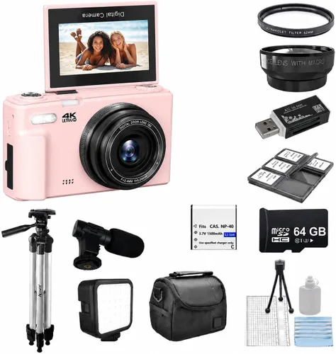 Miniatura 10 de Acuvar Cámara digital 4K, cámara digital compacta de 64 MP para fotografía y vlogging, pantalla abatible, WiFi, zoom 16X, cámara pequeña