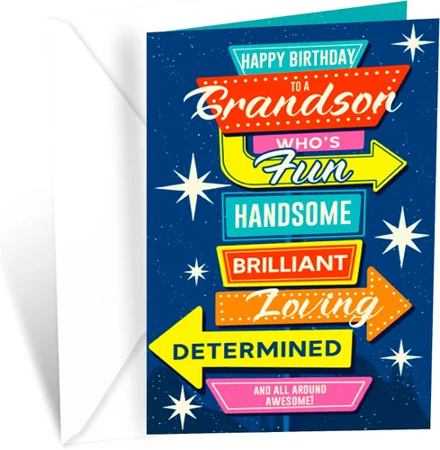 Prime Greetings Tarjeta de cumpleaños para nieto, hecha en Estados Unidos, ecológica, cartulina gruesa con sobre premium de 5 x 7.75 pulgadas,