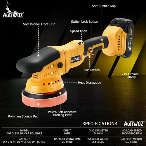Miniatura 2 de AUTIWOZ Pulidora de búfer inalámbrica para auto, baterías 2x2000mAh 21V, pulidora orbital aleatoria de 5 pulgadas para detalles de automóvil