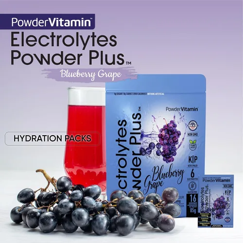 Miniatura 5 de PowderVitamin Electrolitos en polvo Plus, Keto, uva de arándano, sin azúcar, sal rosa del Himalaya, 1000 mg de potasio, 120 mg de calcio, 120 mg