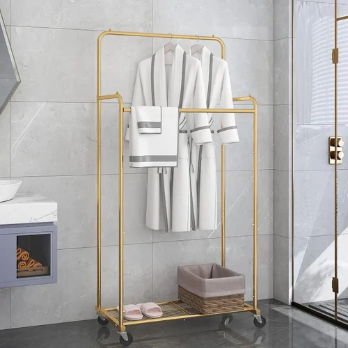 Miniatura 5 de Simple Trending - Perchero para ropa de doble varilla, estante resistente con ruedas para colgar ropa, con 4 ganchos, color dorado