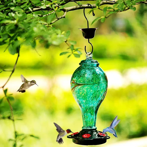 Miniatura 2 de LUJII - Comedero para colibríes de vidrio soplado a mano, nunca se decolora, 36 onzas líquidas, 5 estaciones de alimentación de metal, mucho más Azul