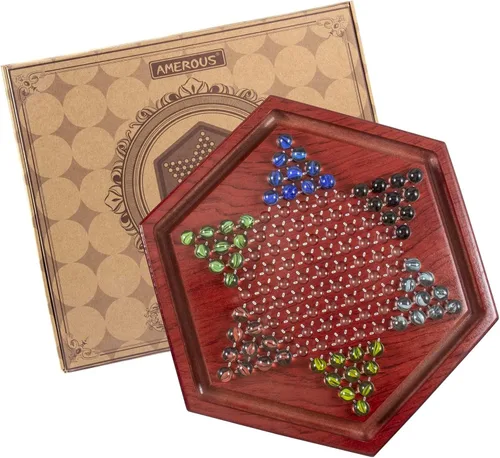 Miniatura 6 de AMEROUS Juego de mesa de damas chinas de madera de 13.6 pulgadas con 60 canicas de vidrio coloridas, juego de estrategia clásico para niños