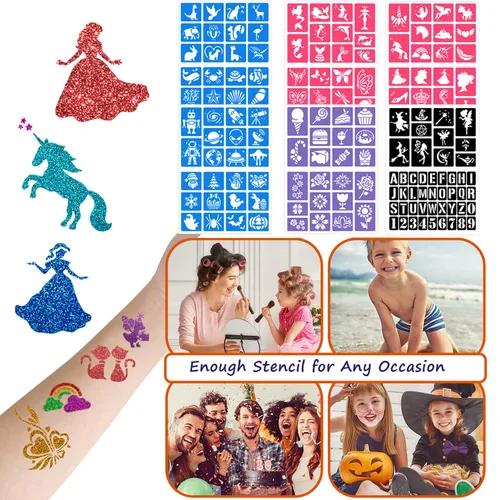 Miniatura 4 de Kit de tatuajes temporales con purpurina para niños, 32 colores, 165 plantillas, 3 pegamento, 5 pinceles, 1 soplo de polvo, kit de maquillaje