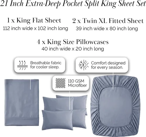 Miniatura 169 de Southshore Fine Living, Inc. Juego de 7 piezas de sábanas King divididas para cama ajustable, juego de sábanas King divididas con bolsillo de 21