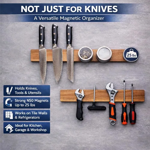 Miniatura 7 de Gourmetop Soporte magnético para cuchillos de pared de 12 pulgadas, tira magnética para cuchillos sin taladrar, soporte magnético de madera