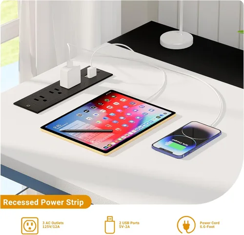 Miniatura 4 de iSunirm Escritorios para computadora de 55 pulgadas con tomas de corriente y puertos de carga USB, escritorio de oficina moderno para espacios