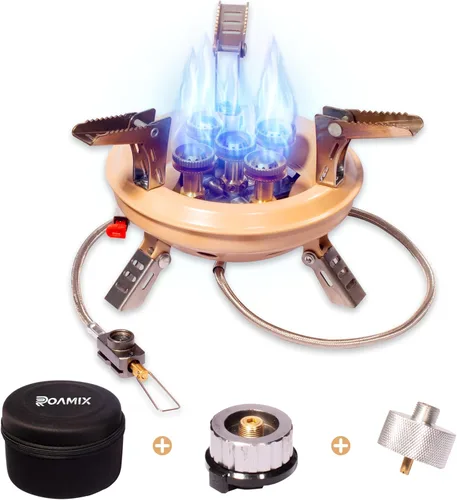 Roamix Estufa de camping portátil multicombustible de 54,500 BTU - Quemador plegable a prueba de viento de 16,000 W con adaptador de recipiente de