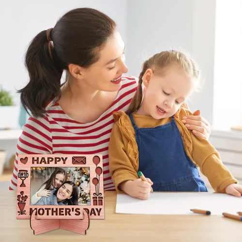 Miniatura 6 de PETCEE Marco de fotos para el día de la madre feliz para mamá, marco de fotos de madera por primera vez, lindo regalo para el primer día de la madre