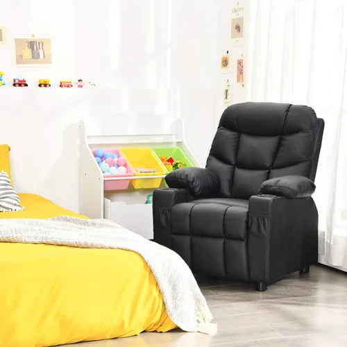 Miniatura 10 de Costzon Silla reclinable para niños con soporte para tazas, silla de salón de cuero ajustable con reposapiés y bolsillos laterales para habitación