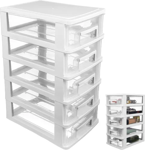 Miniatura 10 de STOBAZA - Cajones de almacenamiento de plástico, organizador de almacenamiento de plástico de 5 cajones, organizador de escritorio transparente