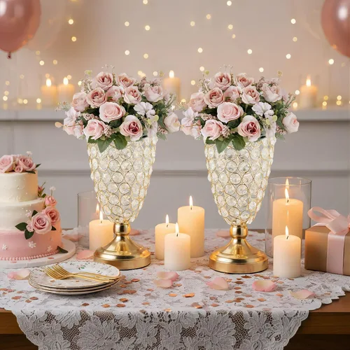 Miniatura 3 de Jarrón floral de trompeta de cristal dorado, 2 centros de mesa para mesa de boda, jarrón de cristal de hierro forjado de 10.6 pulgadas, jarrones