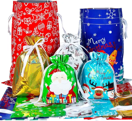 YQL 30 PCS Bolsas de Regalo de Navidad con Cordón de Tamaños Variados, Bolsas de Envolver Navideñas Sacos de Regalo Regalos de Navidad Envoltura