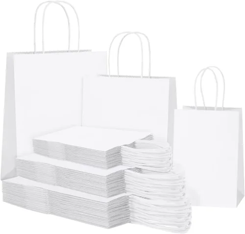 SHOPDAY 45 piezas Bolsas de papel blanco con asas, tamaños surtidos Bolsas de regalo a granel Bolsas de papel kraft 5x3x8 & 8x4x10.5 & 10x5x13 15
