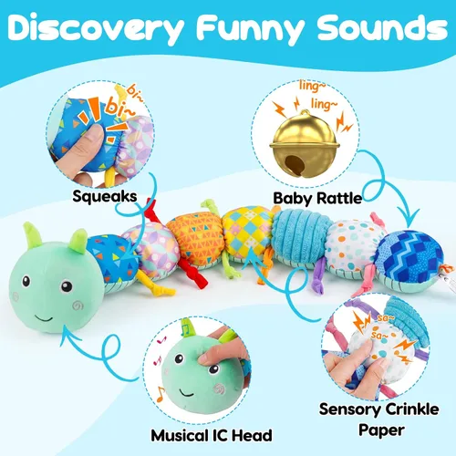 Miniatura 2 de Topsochir Juguetes de Tiempo Boca Abajo para Bebés de 0-6 Meses Peluche Musical de Animal de Oruga para Infantes de 6-12 Meses Juguete Sensorial
