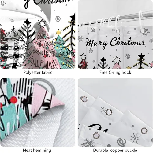 Miniatura 6 de MEHOFOND Cortina de ducha de Navidad rosa con árbol de Navidad, cortina de baño de tela impermeable con 12 ganchos, 72 x 72 pulgadas