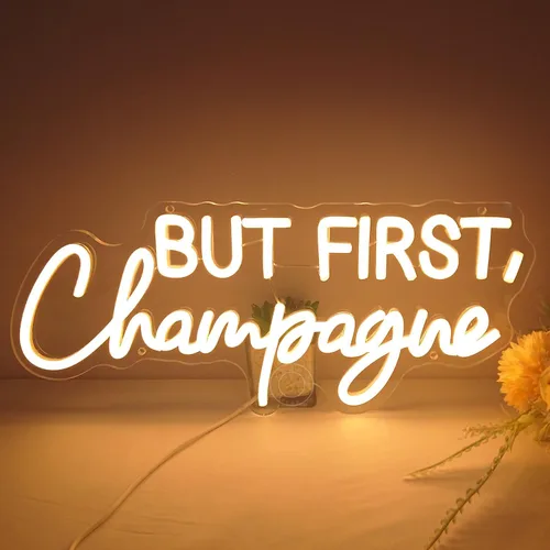 Miniatura 8 de SYLHOME Letrero de luz LED de neón con texto en inglés «But First Champagne» para el hogar, bar, cocina, hombre, cueva, pub, decoración de boda