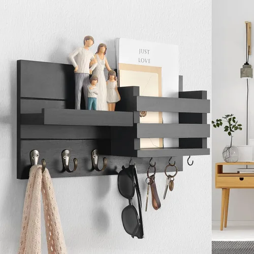 Miniatura 5 de Lwenki - Organizador de montaje en la pared negro, llavero + estante, portacartas y ganchos para abrigos y correas de perro, madera rústica