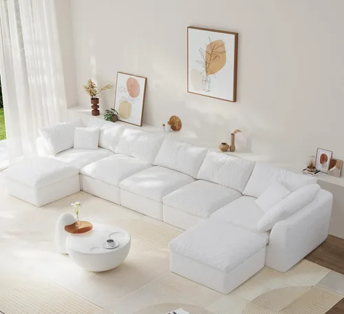 Miniatura 22 de Sofá modular de nube sin hueso de 108 pulgadas con asiento profundo para sala de estar, sofá en forma de L con otomana, tela de copo de nieve y Negro