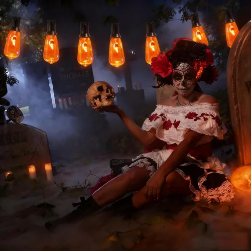 Miniatura 6 de Oviejo Guirnalda de luces de Halloween de 10 pies con 10 bombillas parpadeantes, lámpara de Halloween con certificación UL IP44 impermeable para uso