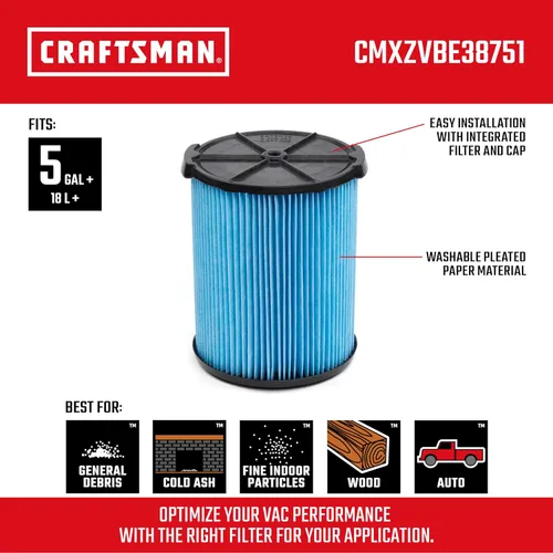 Miniatura 2 de CRAFTSMAN CMXZVBE38751 - Filtro de vacío para polvo fino en seco y húmedo (5-20 galones) Se adapta a la mayoría de aspiradoras CRAFTSMAN de 5 a 20