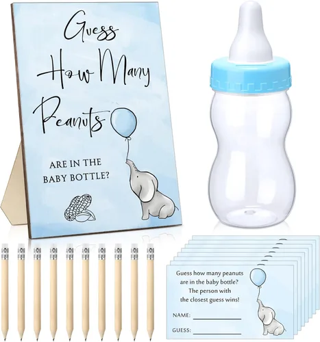 Colarr - 122 piezas de Baby Shower Games Guess How Many 1 cartel de pie de madera de elefante, 1 botella de leche, 100 tarjetas de adivinación, 20