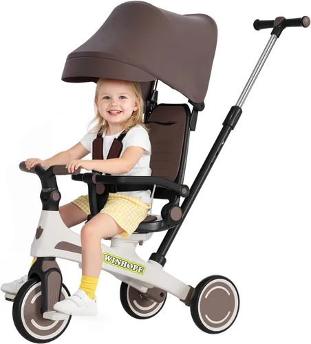 Miniatura 11 de Winhope Triciclo para niños, triciclo 6 en 1 para bebés con asa de empuje ajustable, asiento reversible y toldo, cochecito de bebé para niños de 1 a