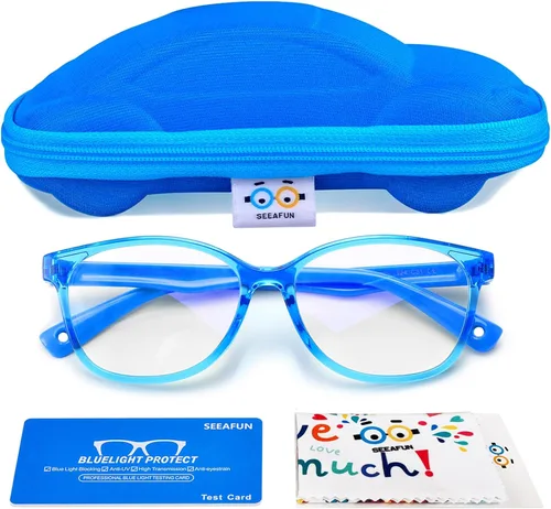 Gafas de luz azul para niños y niñas con bonita funda de automóvil, protección UV400, antirayos azules, edades de 3 a 12 años Azul transparente