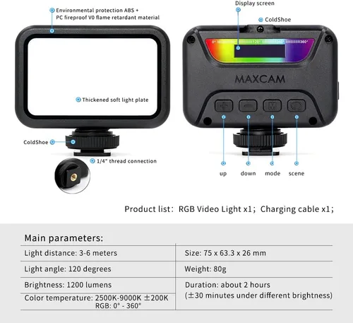 Miniatura 5 de MAXCAM Luz de video colorida RGB en la cámara, 0-360 grados a todo color, opciones de temperatura de color 2500K - 9000K, lámpara de atmósfera