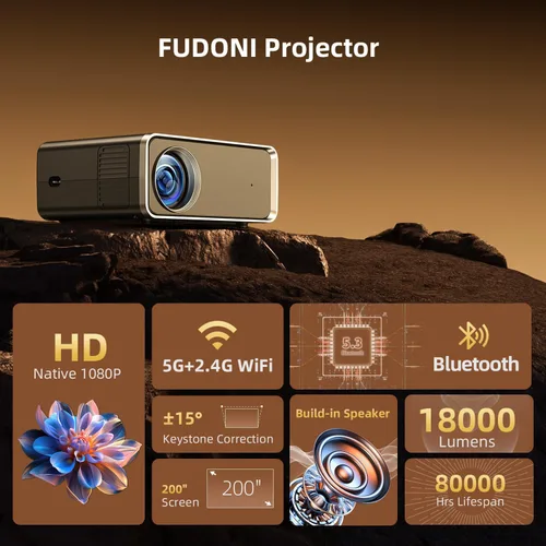 Miniatura 2 de FUDONI Proyector con WiFi y Bluetooth 4K compatible, proyectores de películas para exteriores mejorados de 18000L para exteriores Native 1080P FHD