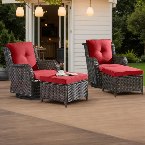 Miniatura 54 de HUMMUH Sillas Mecedoras Giratorias de Mimbre para Patio Exterior con Respaldo Alto, Sillas Deslizantes de Ratán PE, Juego de Muebles de Patio de 4