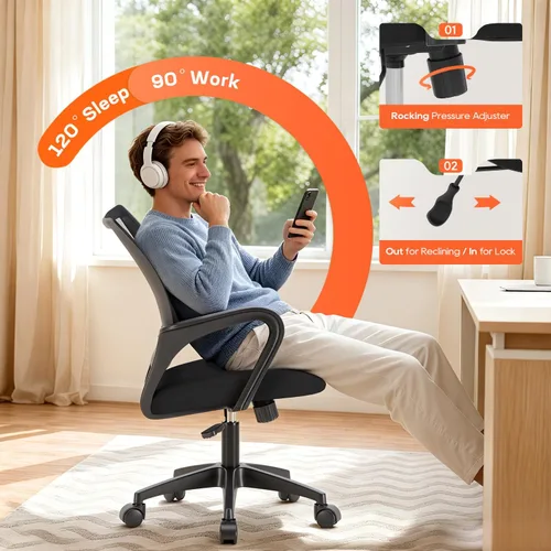Miniatura 4 de BestOffice Silla ergonómica de oficina Silla de escritorio giratoria de respaldo medio Respaldo y soporte lumbar transpirable Altura Negro