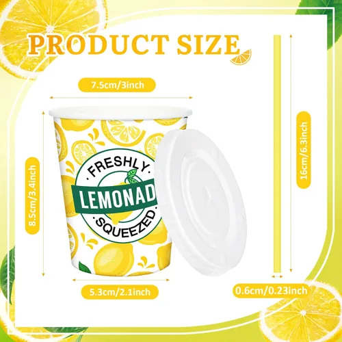 Miniatura 3 de Meanplan 300 piezas/100 juegos de vasos de limonada con tapas y pajitas, vasos desechables para fiestas, tazas de papel de limón, suministros