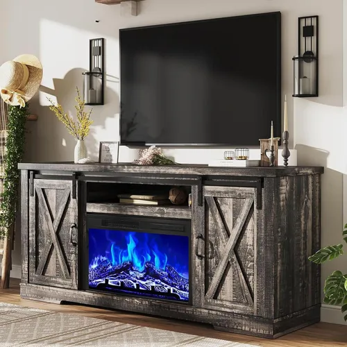 Miniatura 10 de AMERLIFE Soporte de TV con chimenea de 59 pulgadas para televisores de hasta 65 pulgadas, centro de entretenimiento de granja con puertas correderas