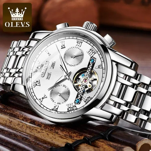 Miniatura 7 de OLEVS Relojes automáticos de cuerda automática para hombre, fecha y día, calendario, relojes de acero inoxidable, movimiento esquelético