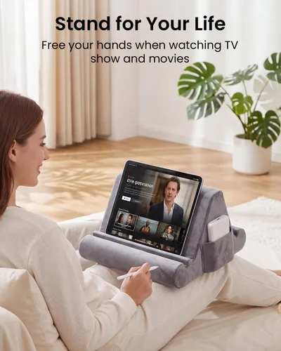Miniatura 2 de CreaDream Soporte de almohada para tableta, almohadilla suave para regazo, soporte para tablet para cama con 3 ángulos de visión, bolsillo, soporte