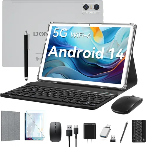 Tableta Android 14 2025 Tablets más recientes, tableta de 10 pulgadas (4+4) GB RAM 64 GB ROM 1 TB de expansión, tabletas 2 en 1 con teclado, Plateado