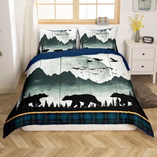 Miniatura 4 de Juego de ropa de cama de oso rústico tamaño individual para mujeres adultas, funda de edredón con estampado de oso salvaje y animales salvajes