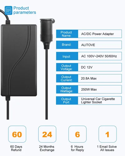 Miniatura 4 de ALITOVE Convertidor de CA a CC de 110 V a 12 V 20.8 A 250 W con enchufe para encendedor de cigarrillos de automóvil y cable de extensión