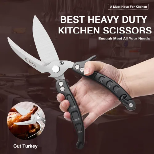 Miniatura 2 de Tijeras de cocina resistentes para aves de corral para cortar carne, aptas para lavavajillas e inoxidables, tijeras de cocina para pollo, pavo, Negro