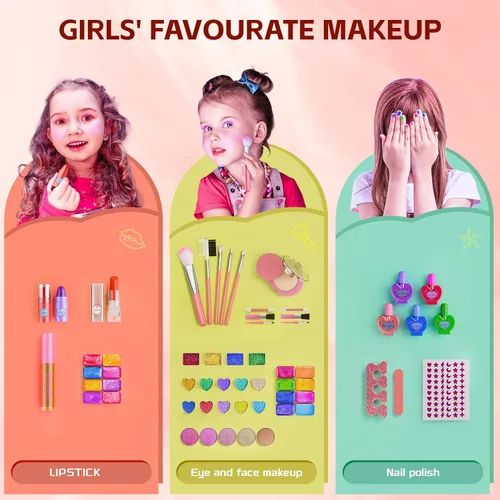 Miniatura 4 de Juegos de maquillaje para niñas - Juguetes de maquillaje lavables para niños pequeños con espejo, mesa de vestir con soporte, juegos de maquillaje