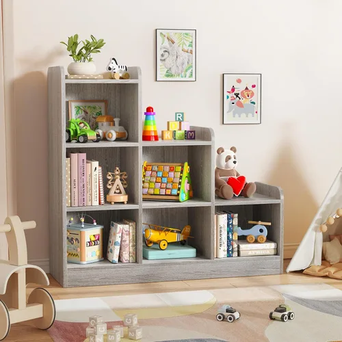 Miniatura 7 de Derfullo Estantería para libros, organizadores y almacenamiento de juguetes de 6 cubos, estantería Montessori pequeña de suelo abierto para Gris