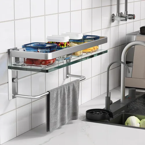 Miniatura 8 de Danpoo Estante de pared de baño con toallero, vidrio templado transparente, soporte para toallas de mano (plata mate)