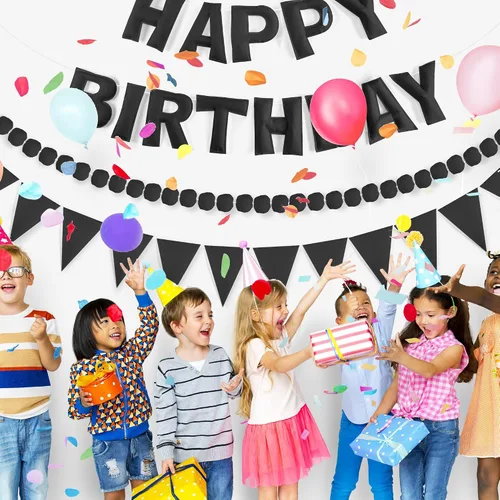 Miniatura 4 de CANREVEL Pancarta de Feliz Cumpleaños 3D Pre-enhebrada, 3 PIEZAS Guirnalda de Fieltro Negro Feliz Cumpleaños, Guirnalda de Pompones, Banderines