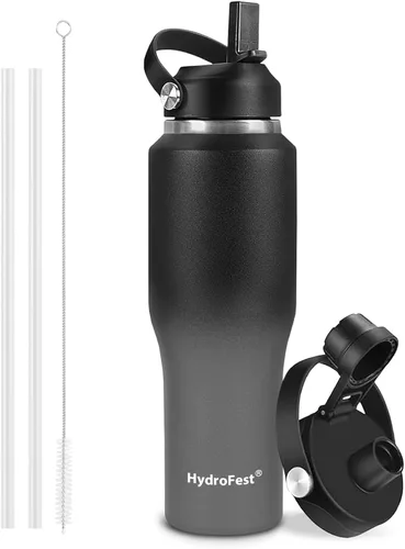 Miniatura 10 de Botella de agua de 32 onzas aislada con popote, botellas de agua a prueba de fugas, botella de agua para hombre, acero inoxidable para gimnasio