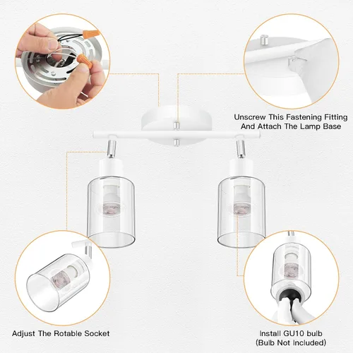 Miniatura 4 de BoostArea Lámparas de baño de 2 luces, modernas luces blancas de pared con pantalla de vidrio transparente, luz de techo flexible para espejo