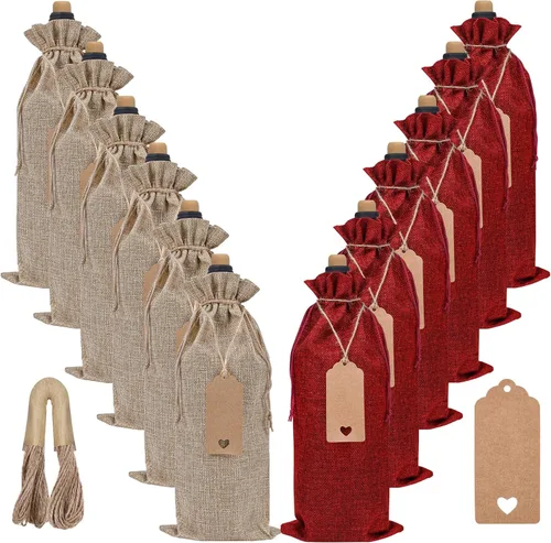 Sailup Bolsas de vino de arpillera, 12 unidades, bolsas de regalo para botellas de vino con etiquetas de cordón y cuerdas para Navidad, bodas,