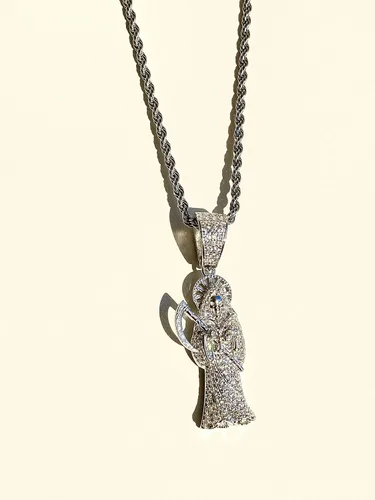 Miniatura 4 de Shop-iGold Iced Santa Muerte Hombres Mujeres 925 Italia Colgante de plata helada Ice Out de acero inoxidable real 0.118in cuerda cadena, Mans